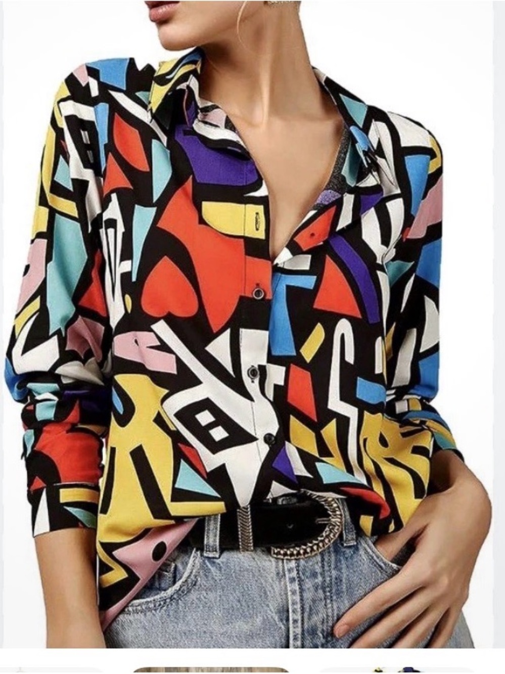 Vintage Big Dart Bold Geometric Button-Up Top in Yellow & Multicolor